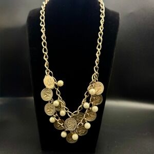 Boho Coin Pearl Layered Necklace Gold Tone Statement Double‎ Strand Bib 21in 77g
